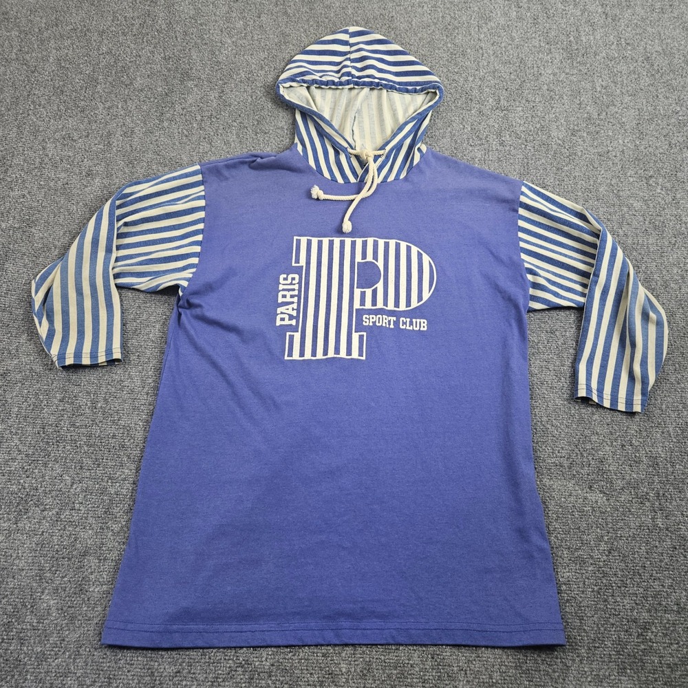 Paris Sport Club Hoodie Mens L Blue Striped Sleeves Logo Graphic Y2K Streetwear‎
